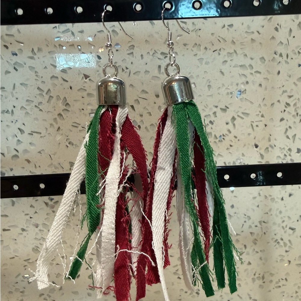 Christmas Tassel Earrings Holiday Statement Upcycled Denim Fabric